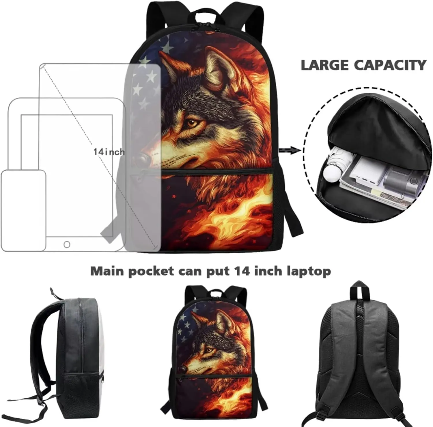 American Flag Wolf Backpack for Girls Kids School Bag and Lunch Box Pencil Case Water Bottle Holder 4 Piece Boys School Daypack Travel Bag Satchel Bagpack Back to School Supplies
