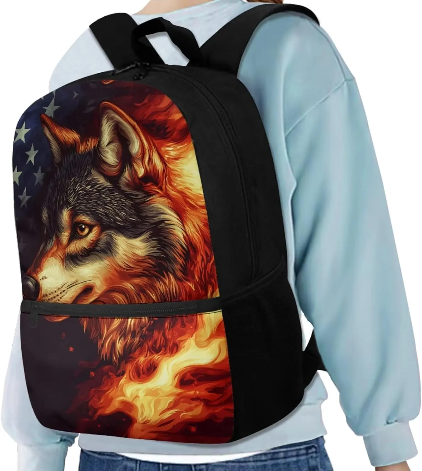 American Flag Wolf Backpack for Girls Kids School Bag and Lunch Box Pencil Case Water Bottle Holder 4 Piece Boys School Daypack Travel Bag Satchel Bagpack Back to School Supplies