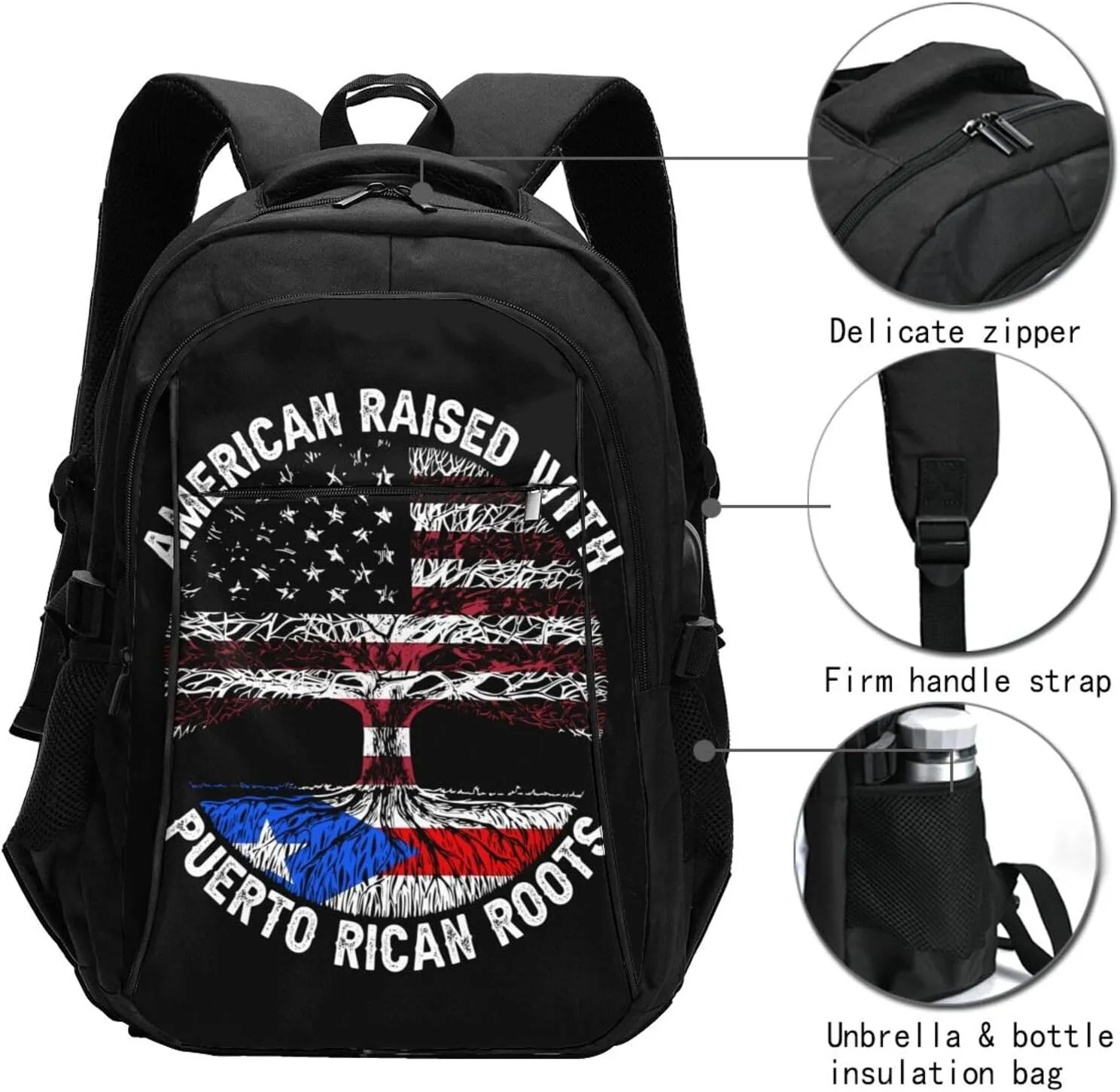 American Raised Puerto Rican Roots Casual Travel Backpacks Hiking Camping Backpack Large Outdoor Sport Daypack Laptop Rucksack Climbing Working Bags with USB Port