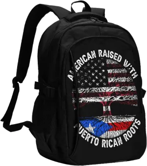 American Raised Puerto Rican Roots Casual Travel Backpacks Hiking Camping Backpack Large Outdoor Sport Daypack Laptop Rucksack Climbing Working Bags with USB Port
