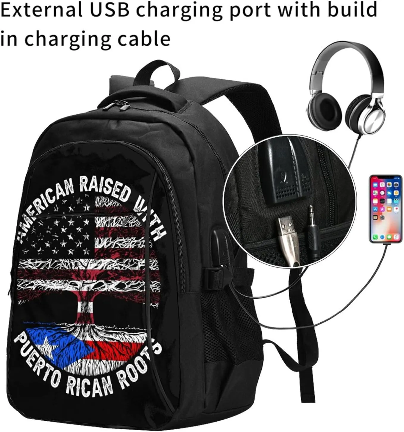 American Raised Puerto Rican Roots Casual Travel Backpacks Hiking Camping Backpack Large Outdoor Sport Daypack Laptop Rucksack Climbing Working Bags with USB Port