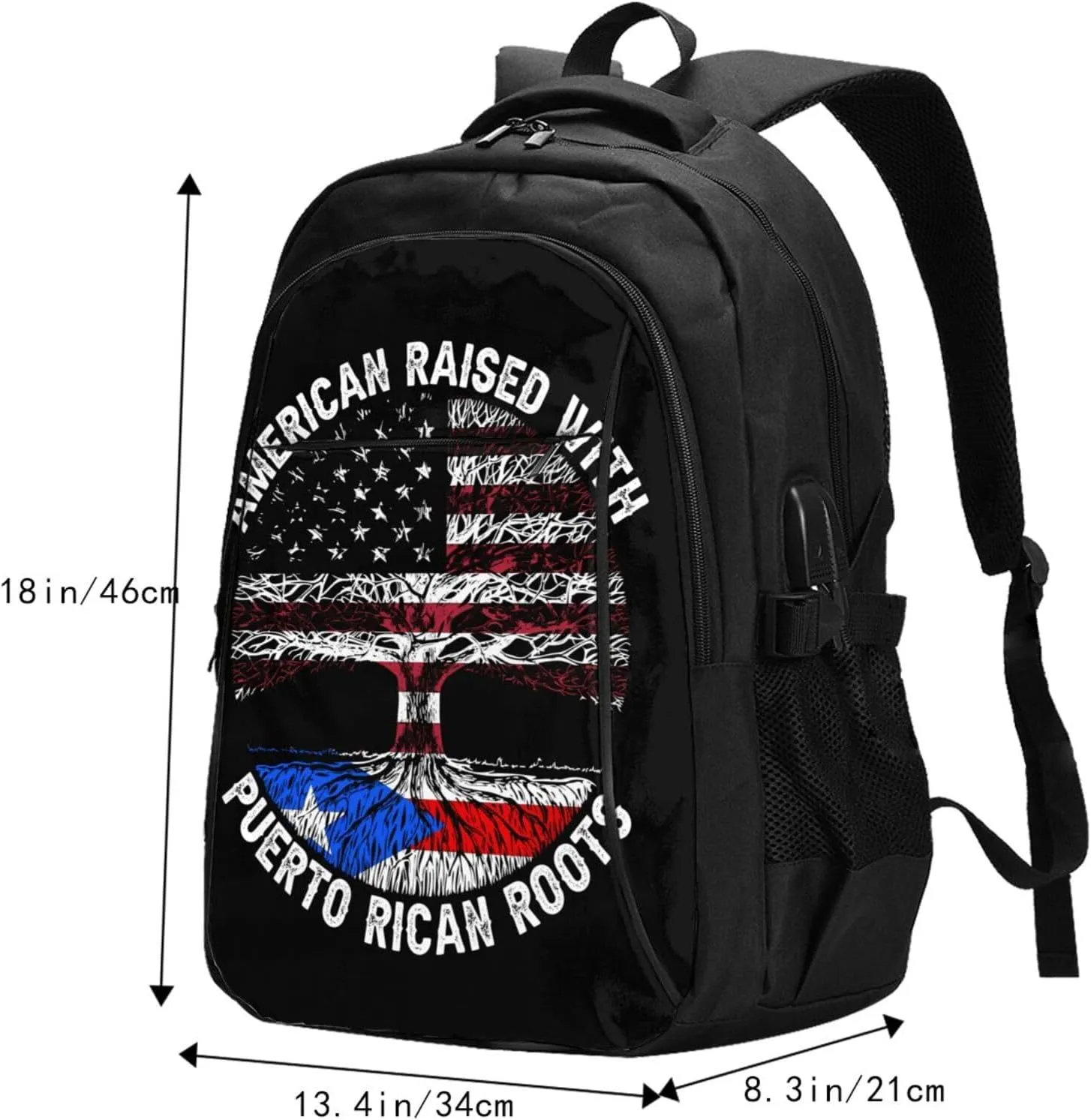American Raised Puerto Rican Roots Casual Travel Backpacks Hiking Camping Backpack Large Outdoor Sport Daypack Laptop Rucksack Climbing Working Bags with USB Port