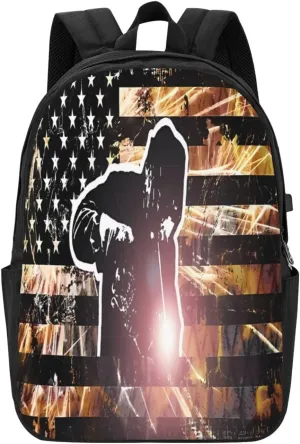 American Welding Flag Sparks and Flames Backpack 17 Inch Laptop Backpacks Outdoor Travel Rucksack Work Business Daypack with USB Port Carry On Bag for Cycling Hiking