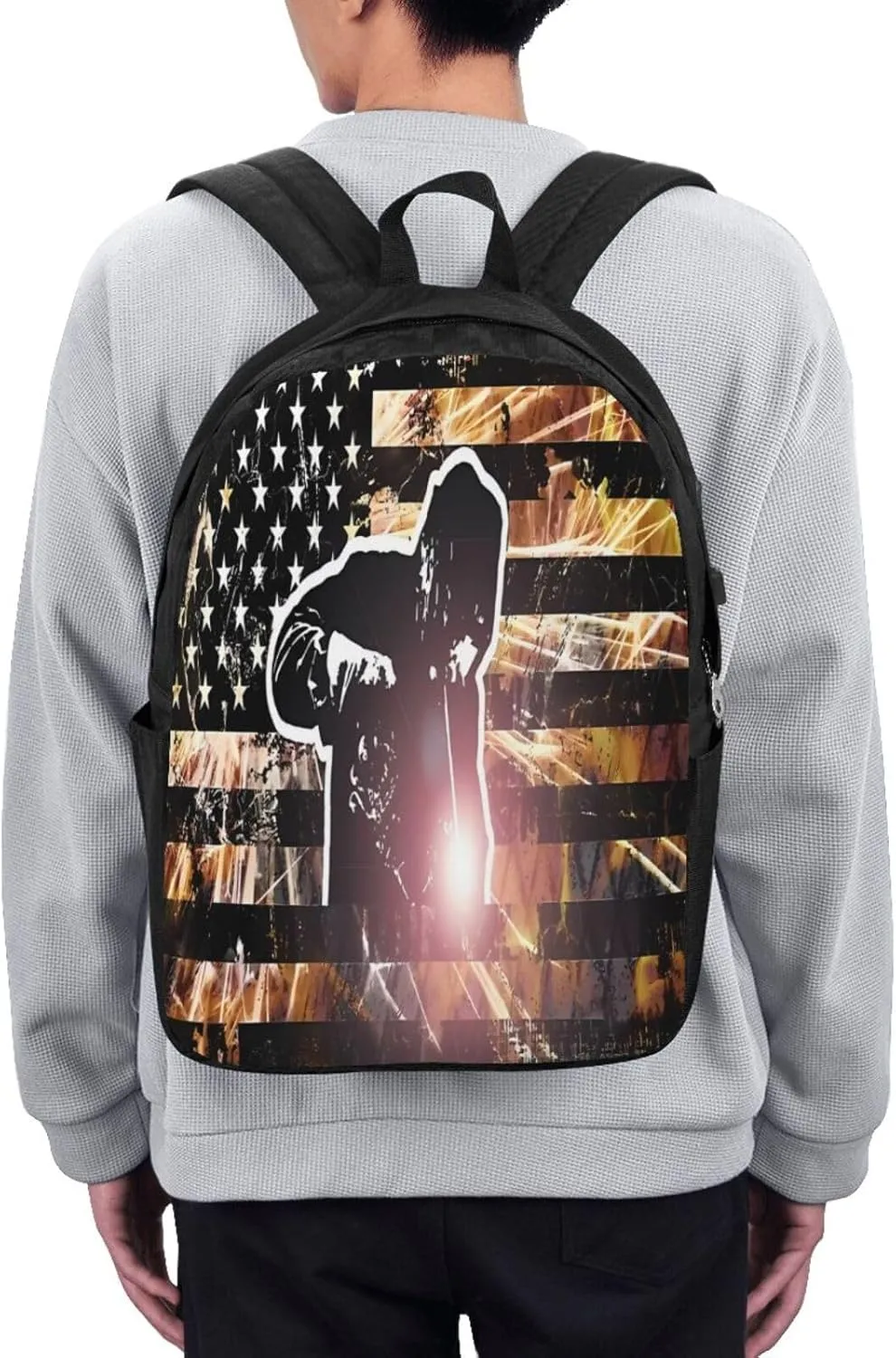 American Welding Flag Sparks and Flames Backpack 17 Inch Laptop Backpacks Outdoor Travel Rucksack Work Business Daypack with USB Port Carry On Bag for Cycling Hiking