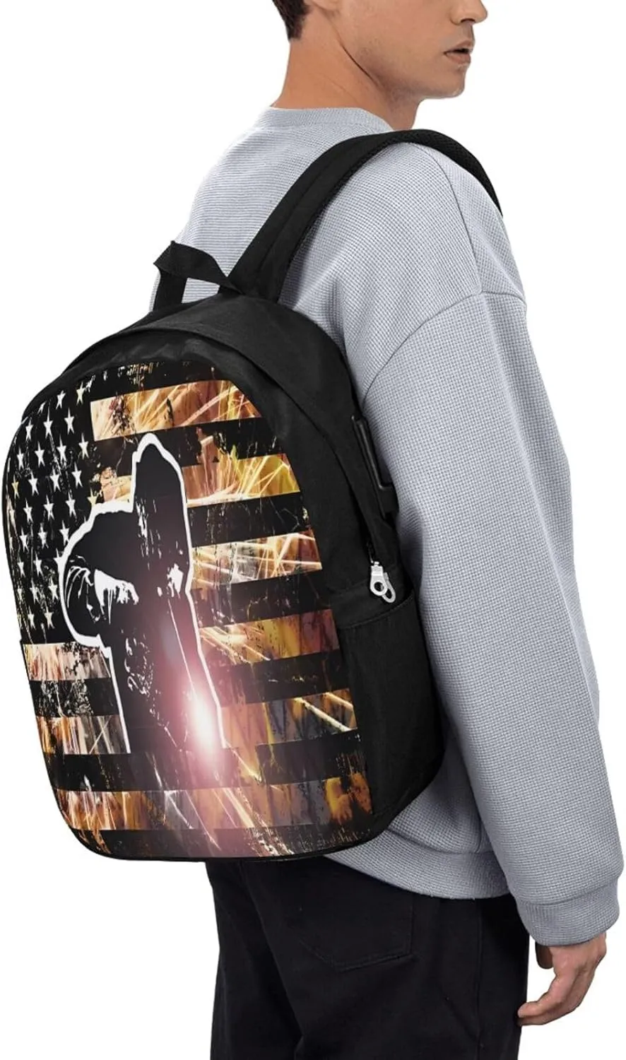 American Welding Flag Sparks and Flames Backpack 17 Inch Laptop Backpacks Outdoor Travel Rucksack Work Business Daypack with USB Port Carry On Bag for Cycling Hiking