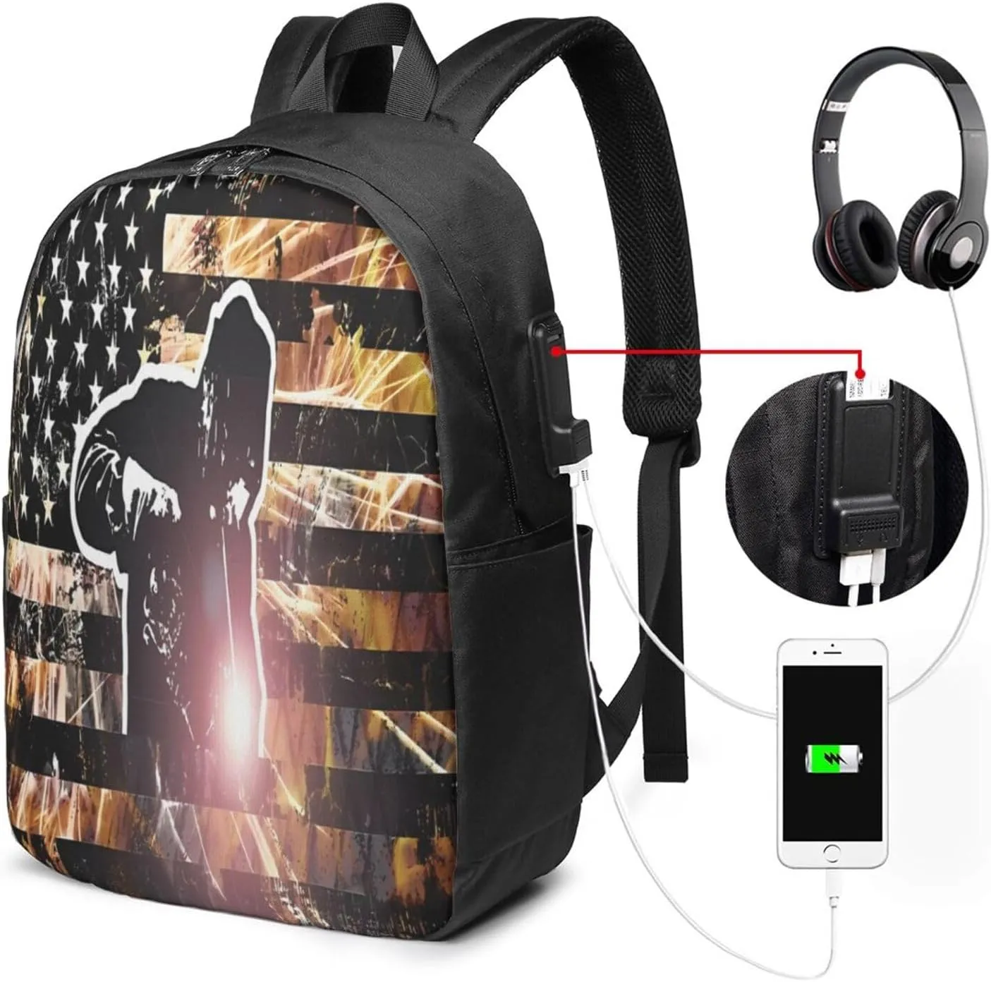 American Welding Flag Sparks and Flames Backpack 17 Inch Laptop Backpacks Outdoor Travel Rucksack Work Business Daypack with USB Port Carry On Bag for Cycling Hiking