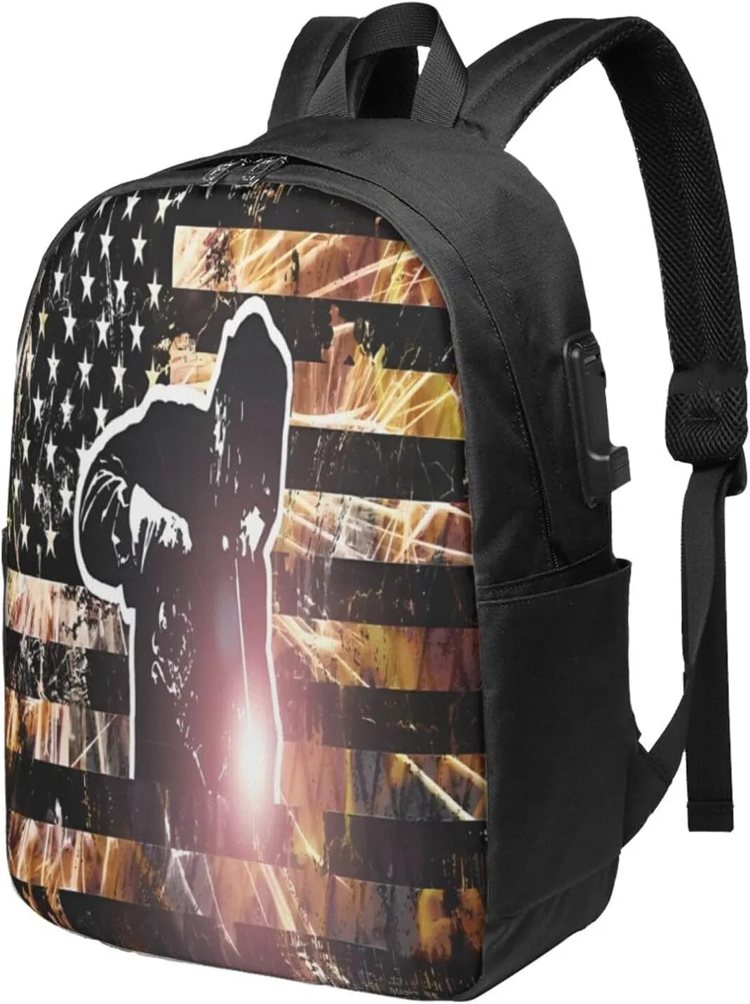 American Welding Flag Sparks and Flames Backpack 17 Inch Laptop Backpacks Outdoor Travel Rucksack Work Business Daypack with USB Port Carry On Bag for Cycling Hiking