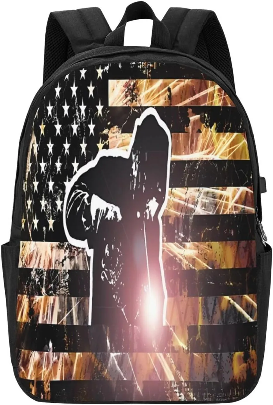 American Welding Flag Sparks and Flames Backpack 17 Inch Laptop Backpacks Outdoor Travel Rucksack Work Business Daypack with USB Port Carry On Bag for Cycling Hiking
