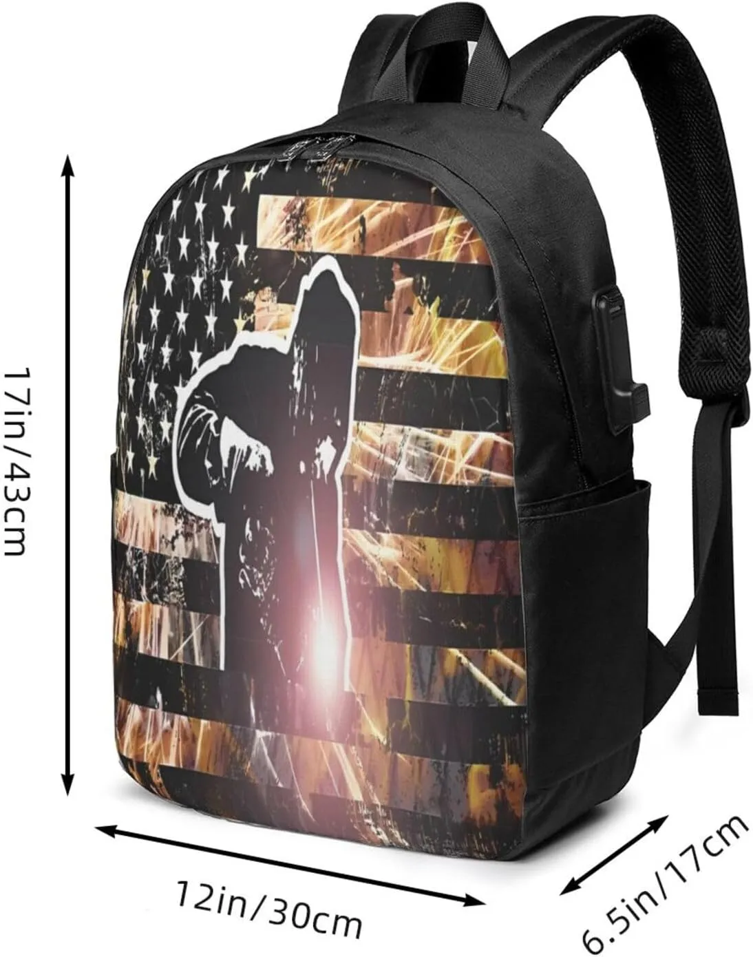 American Welding Flag Sparks and Flames Backpack 17 Inch Laptop Backpacks Outdoor Travel Rucksack Work Business Daypack with USB Port Carry On Bag for Cycling Hiking
