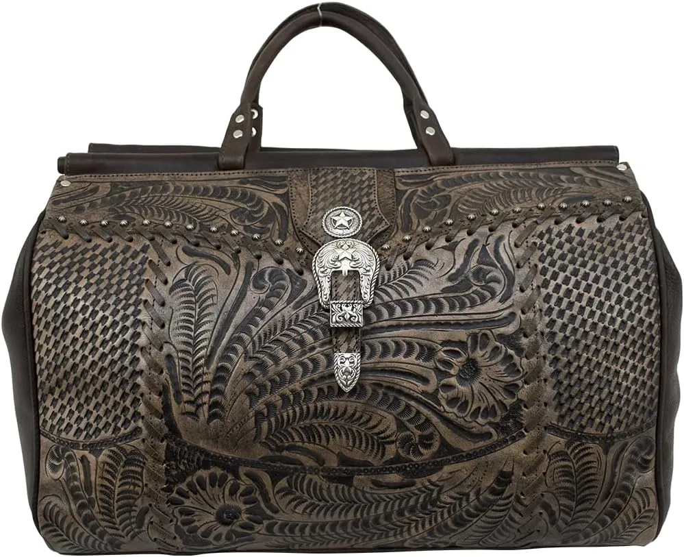American West Retro Romance Duffel Bag - Western leather travel bag (Distressed Charcoal Brown)