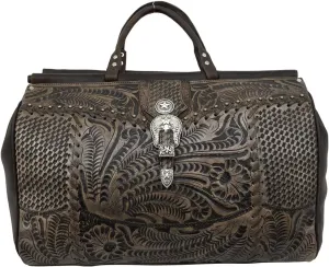 American West Retro Romance Duffel Bag - Western leather travel bag (Distressed Charcoal Brown)
