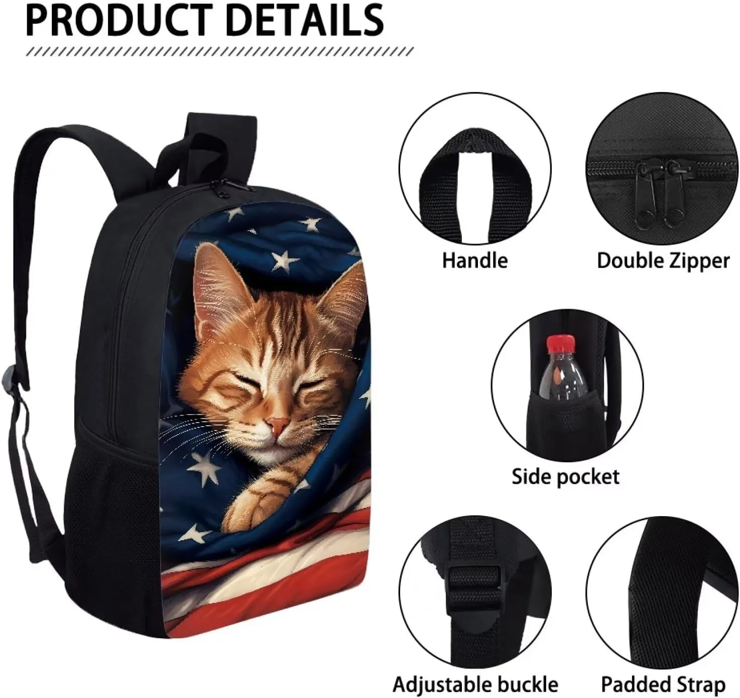 AmzPrint American Flag Backpack For School Boys Girls Kids 17 Inch Cute Animal Print Cat Backpack For Elementary Backpack