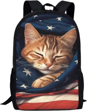 AmzPrint American Flag Backpack For School Boys Girls Kids 17 Inch Cute Animal Print Cat Backpack For Elementary Backpack