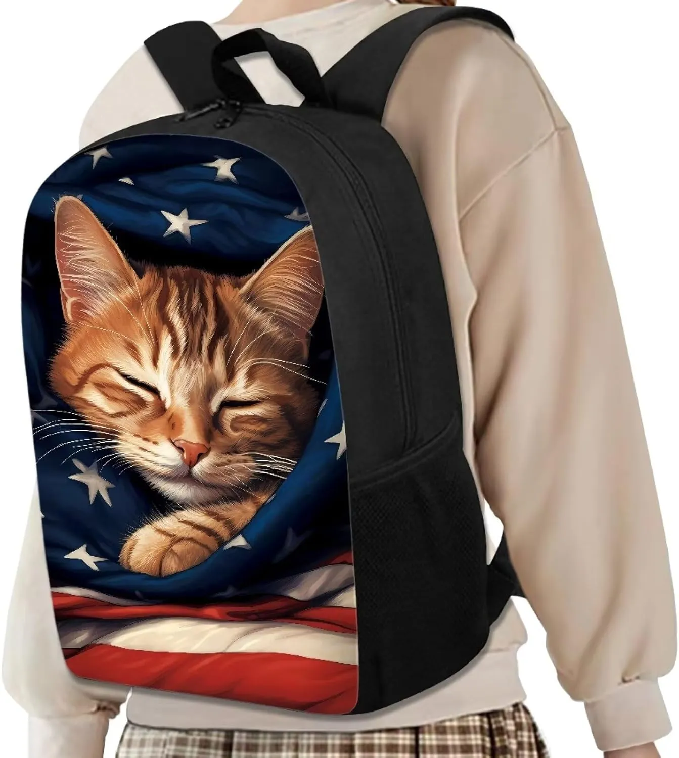 AmzPrint American Flag Backpack For School Boys Girls Kids 17 Inch Cute Animal Print Cat Backpack For Elementary Backpack