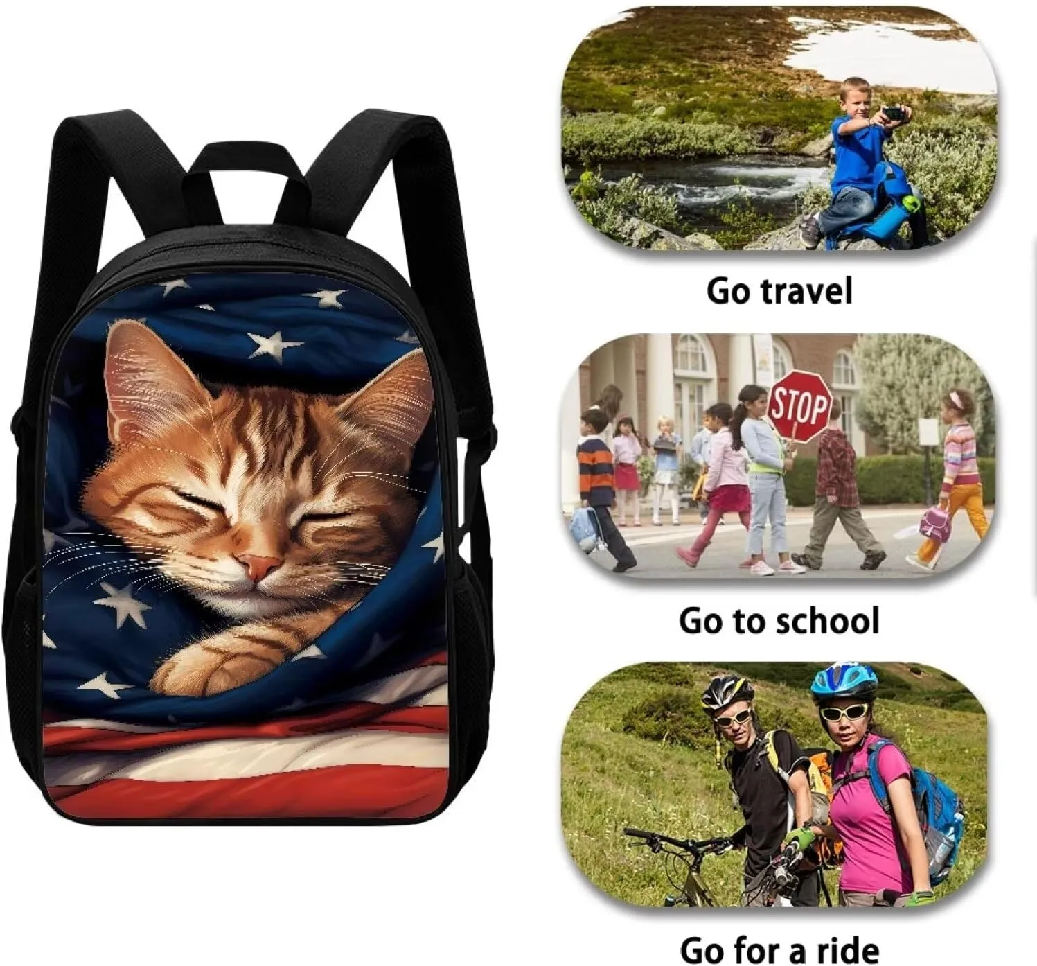AmzPrint American Flag Backpack For School Boys Girls Kids 17 Inch Cute Animal Print Cat Backpack For Elementary Backpack
