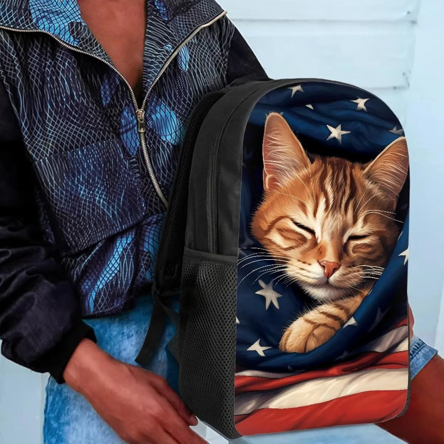 AmzPrint American Flag Backpack For School Boys Girls Kids 17 Inch Cute Animal Print Cat Backpack For Elementary Backpack