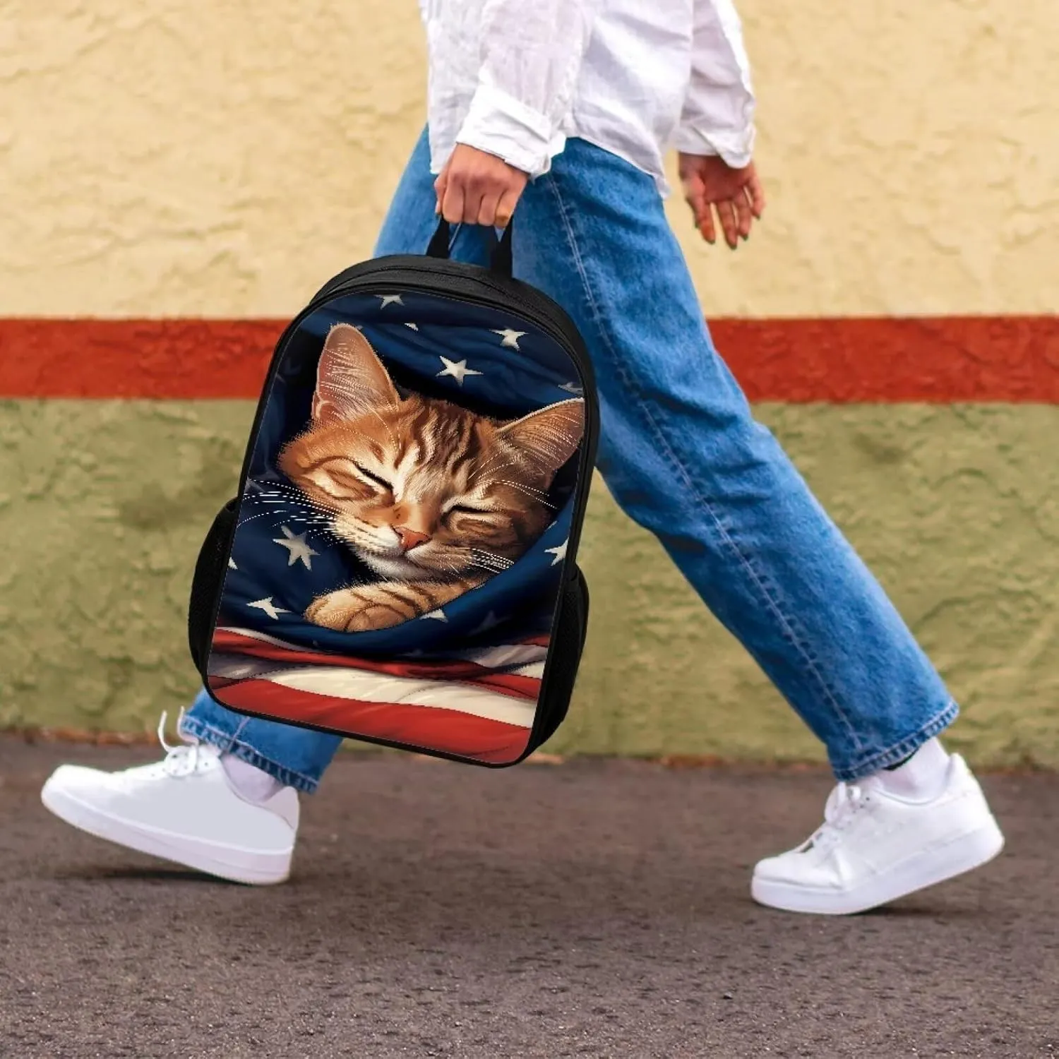 AmzPrint American Flag Backpack For School Boys Girls Kids 17 Inch Cute Animal Print Cat Backpack For Elementary Backpack