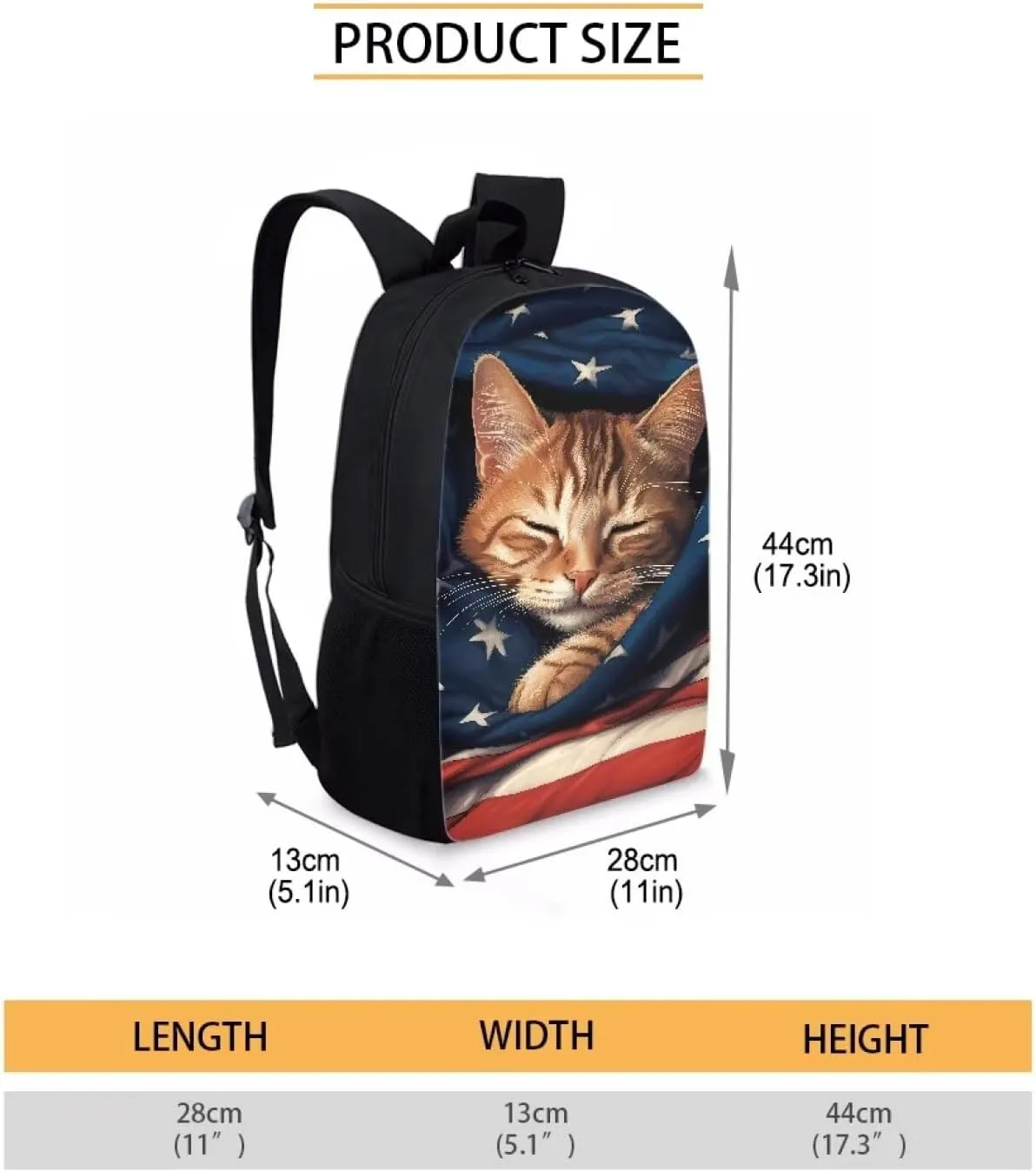 AmzPrint American Flag Backpack For School Boys Girls Kids 17 Inch Cute Animal Print Cat Backpack For Elementary Backpack
