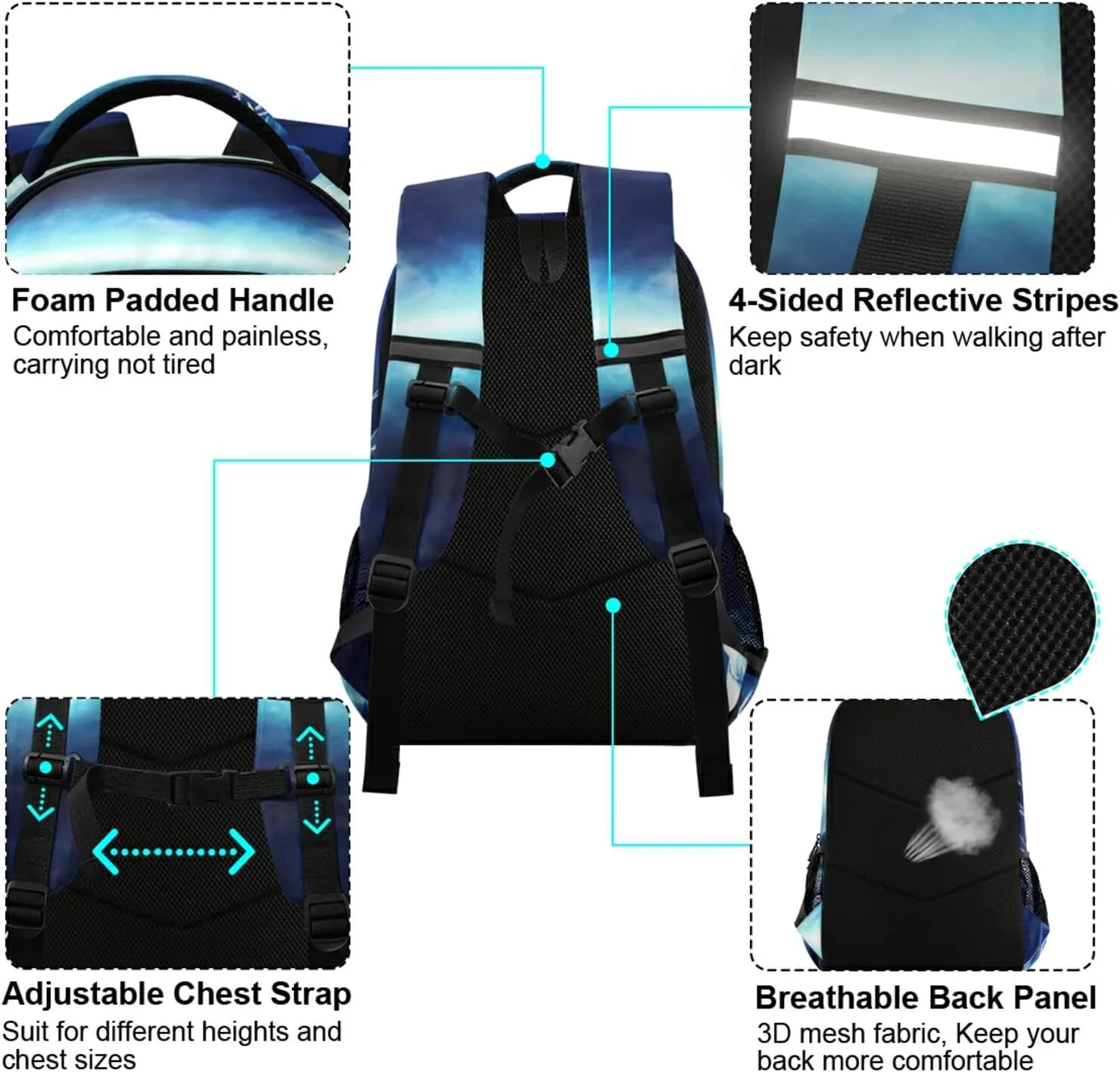 Angry Dragon School Backpacks with Chest Strap for Teens Boys Girls,Lightweight Student Bookbags 17 Inch, Blue Casual Daypack Schoolbags