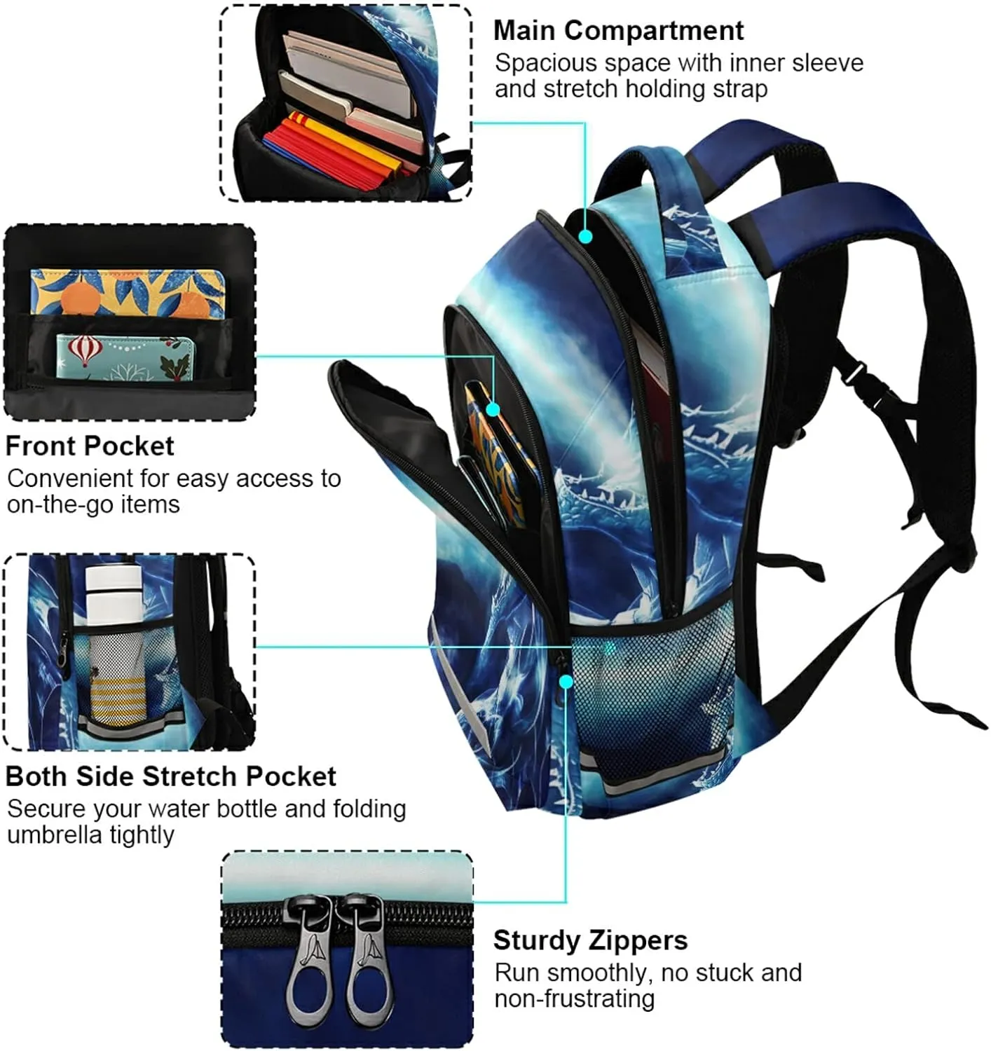 Angry Dragon School Backpacks with Chest Strap for Teens Boys Girls,Lightweight Student Bookbags 17 Inch, Blue Casual Daypack Schoolbags