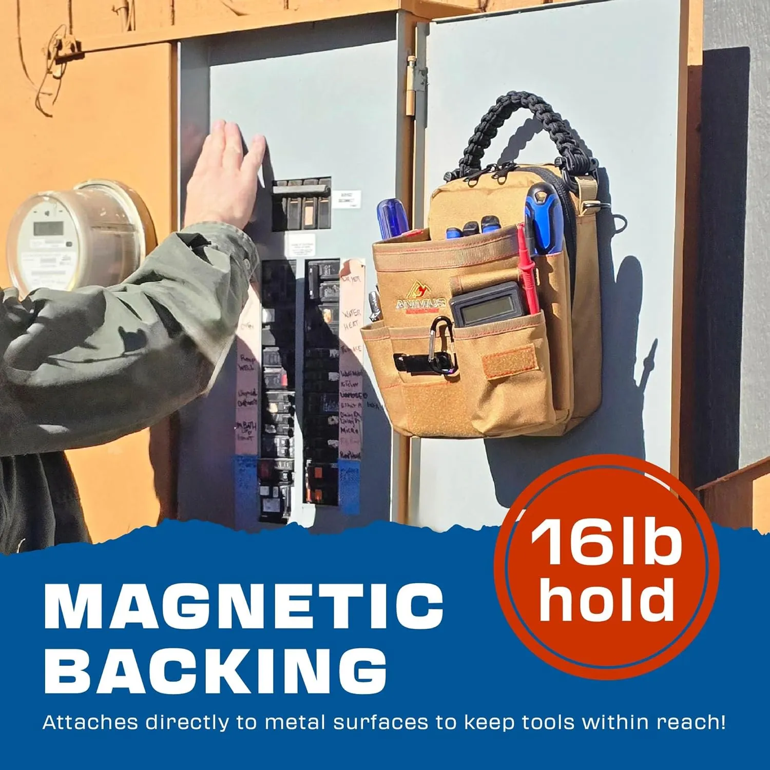 Animus Magnetic Tool Bag & Organizer- Tool Pouch. Magnetic Backing ables You to Secure Bag onto Metal Surfaces While You Work. Ideal for Electricians, Mechanics & Technicians.