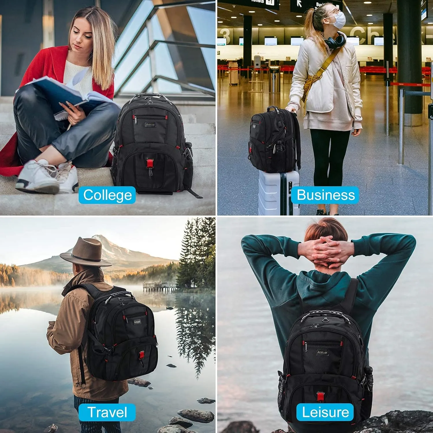 ANKUER Extra Large Travel Backpack for Men Women: 17 in Laptop Backpacks for School, Anti Theft TSA Travel Bag with USB Charging Port, Business Computer Bag (Black)