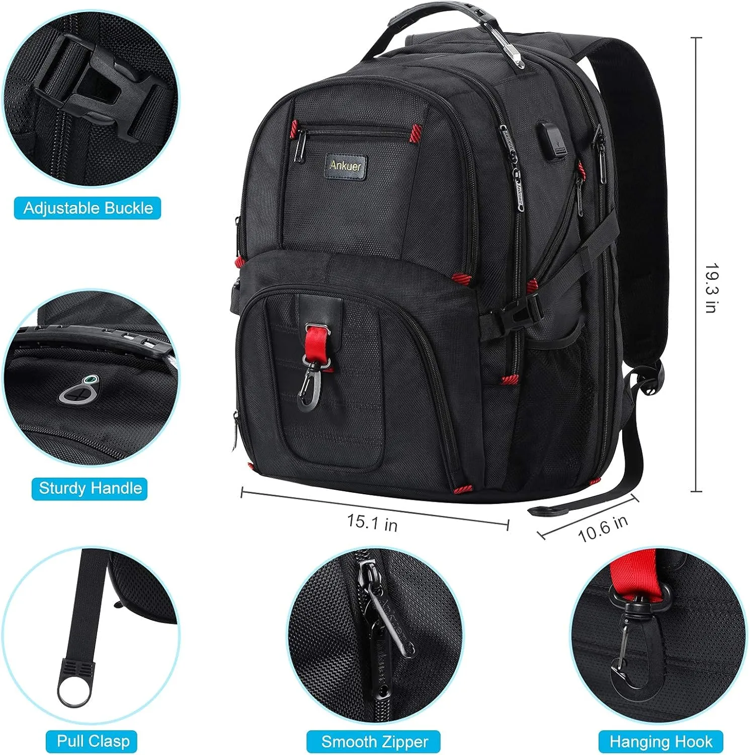 ANKUER Extra Large Travel Backpack for Men Women: 17 in Laptop Backpacks for School, Anti Theft TSA Travel Bag with USB Charging Port, Business Computer Bag (Black)