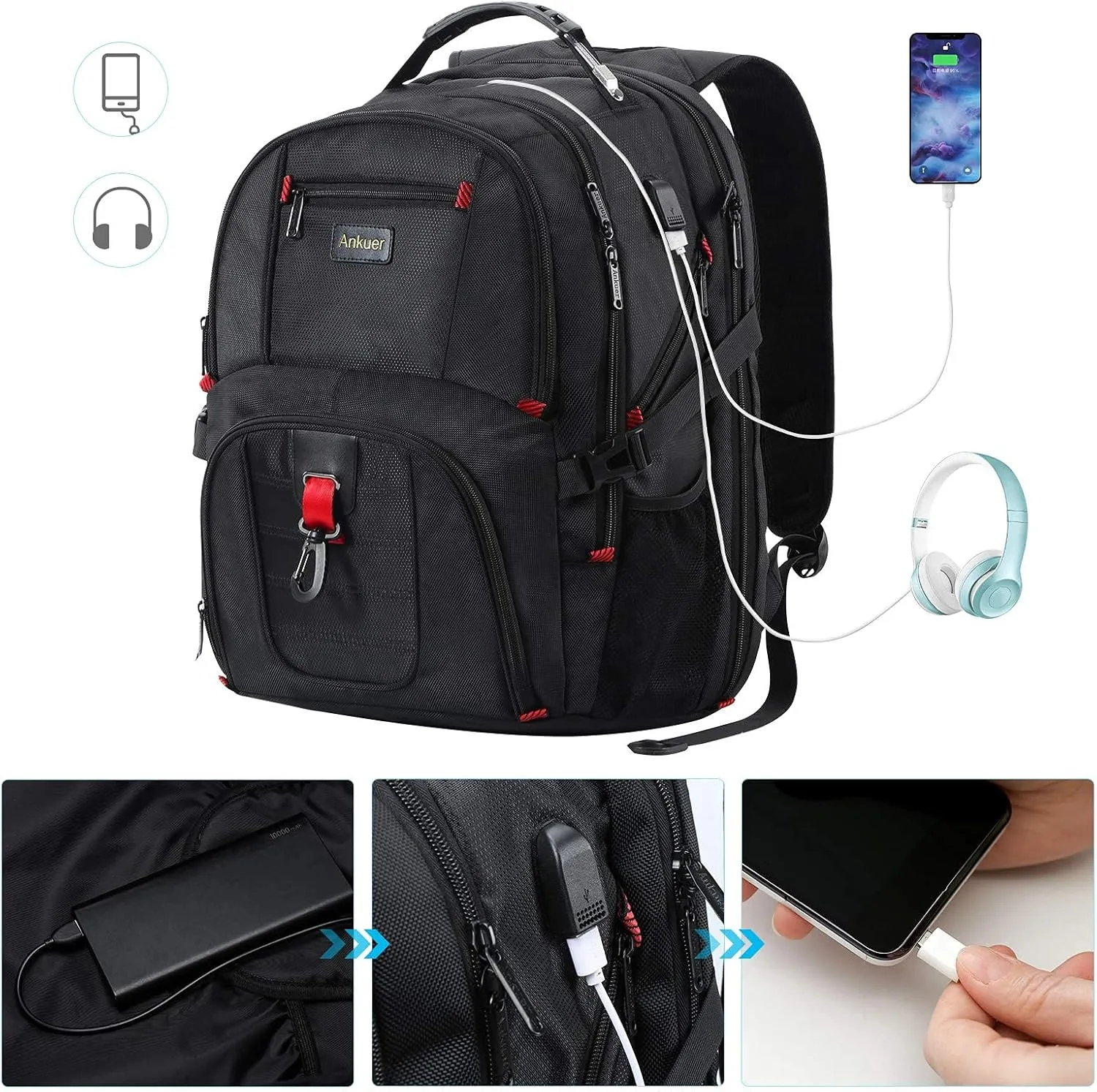 ANKUER Extra Large Travel Backpack for Men Women: 17 in Laptop Backpacks for School, Anti Theft TSA Travel Bag with USB Charging Port, Business Computer Bag (Black)