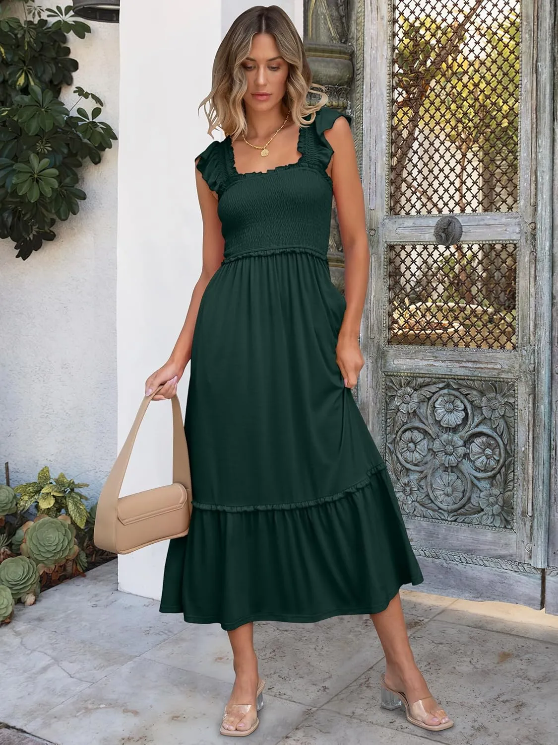 ANRABESS Womens Summer Sleeveless Maxi Dress Square Neck Smocked Boho Casual Ruffle Strap Flowy A-Line Long Beach Sundress