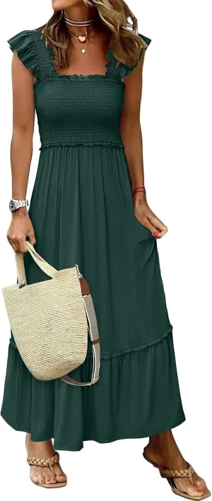 ANRABESS Womens Summer Sleeveless Maxi Dress Square Neck Smocked Boho Casual Ruffle Strap Flowy A-Line Long Beach Sundress