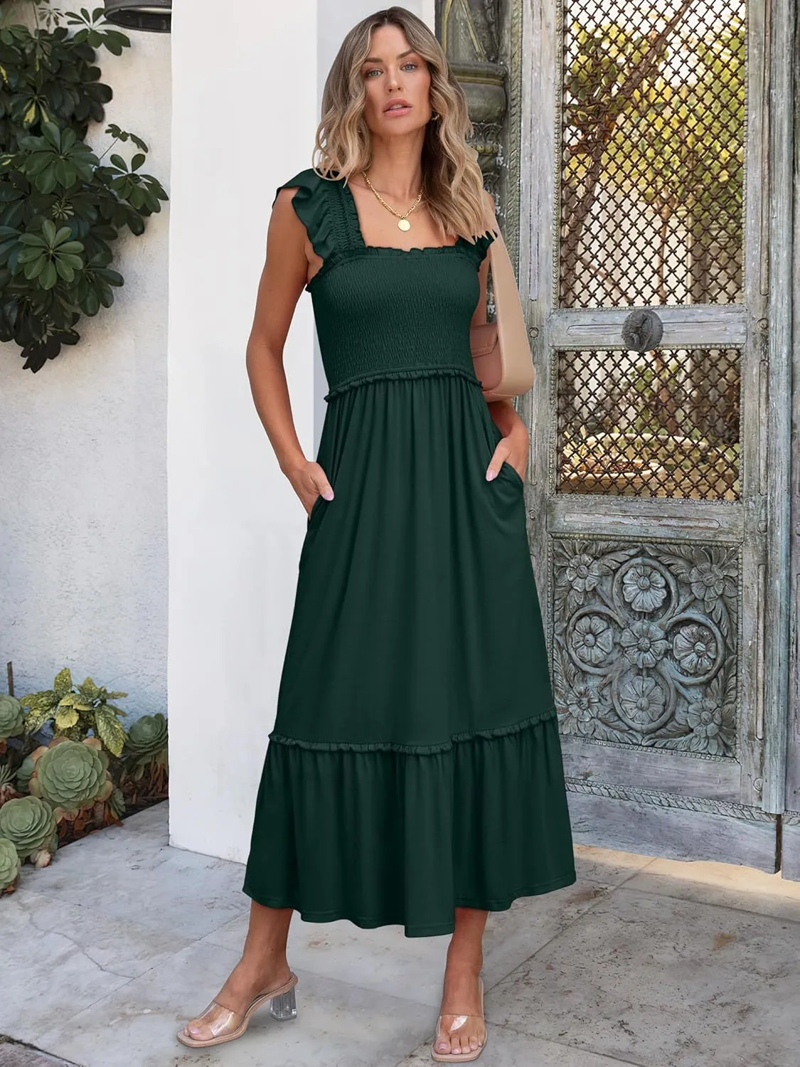 ANRABESS Womens Summer Sleeveless Maxi Dress Square Neck Smocked Boho Casual Ruffle Strap Flowy A-Line Long Beach Sundress