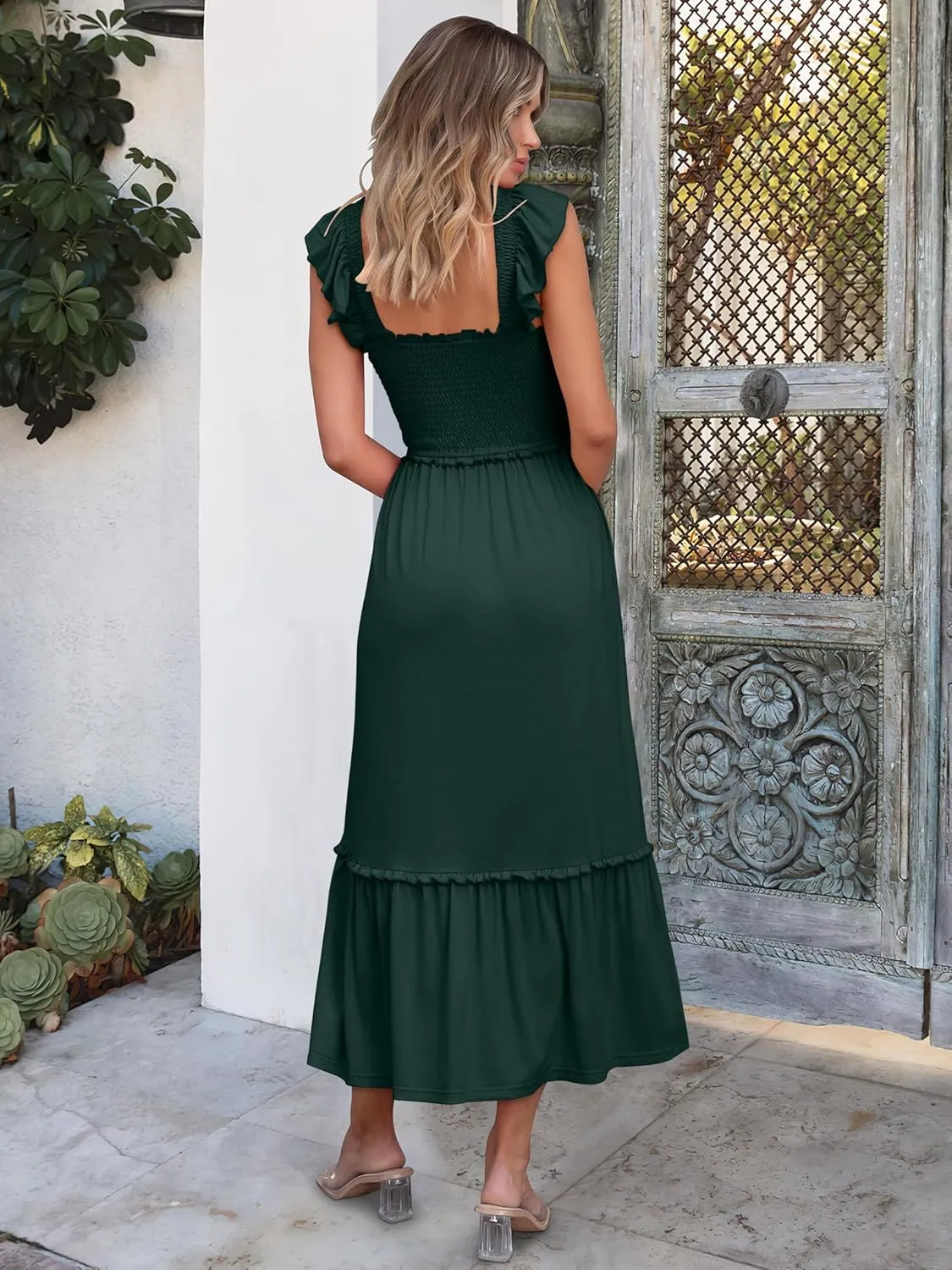 ANRABESS Womens Summer Sleeveless Maxi Dress Square Neck Smocked Boho Casual Ruffle Strap Flowy A-Line Long Beach Sundress