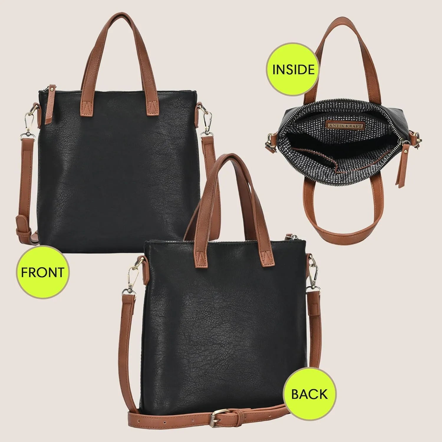 Antik Kraft Bree Crossbody | Vegan Leather Handbag with Crossbody strap for Women | Easy Grasp Top Handles |