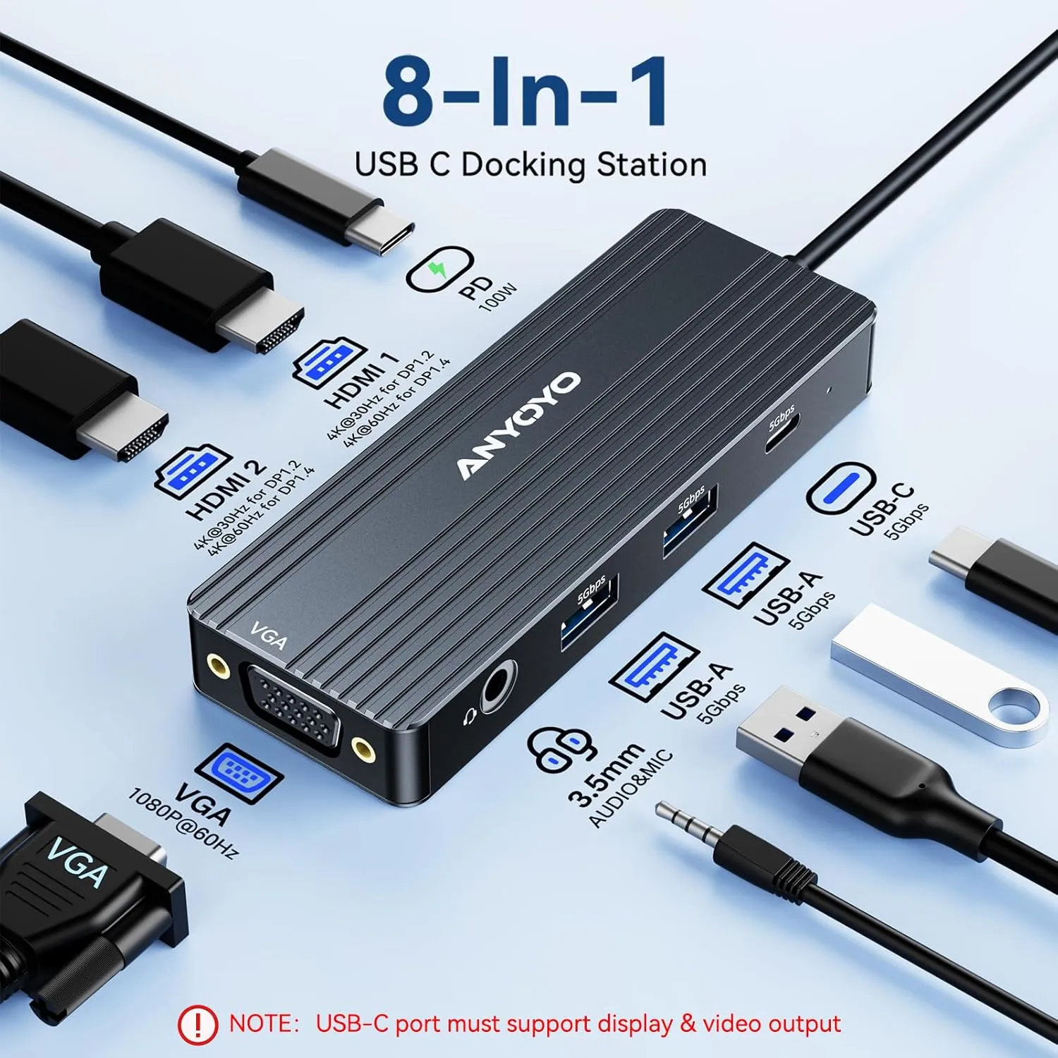 ANYOYO USB C Docking Station Dual Monitor, 8 in 1 USB C HUB 3 Monitors Adapter with Dual HDMI 4K60HZ and VGA 1080P60HZ, 3 * 5Gbps USB-A/C,Support PD100W,Laptop Dock for Dell,Lenovo,HP,Samsung,ASUS