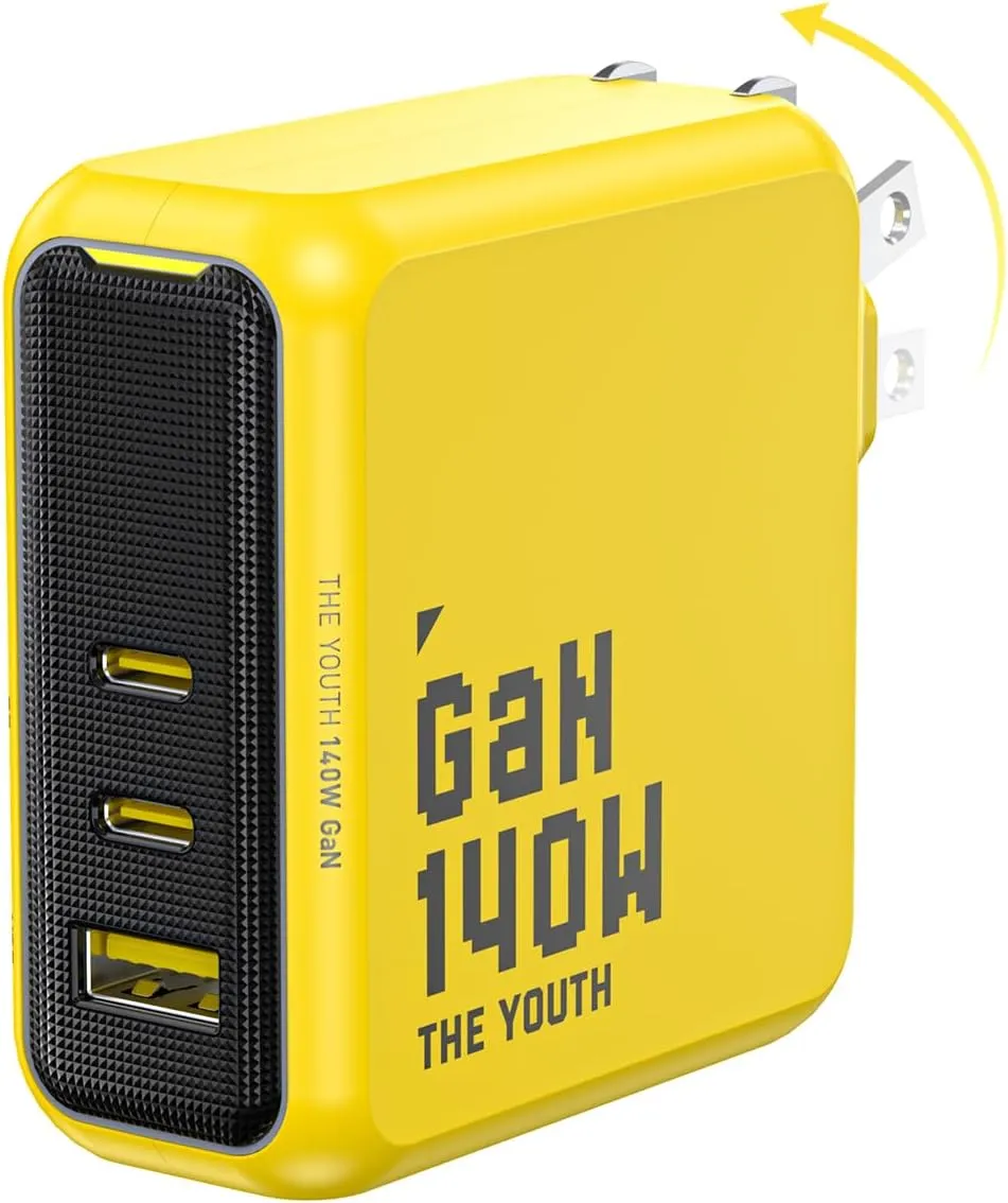 AOHI Youth 140W GaN  USB C Charger 100W Laptop Fast Charger PD3.1 PPS 3-Port USB C Wall Charger Power Adapter for MacBook Pro 16'', Dell XPS, iPhone 16/15 Pro Max, iPad Pro, Tablet, Chromebook, Yellow