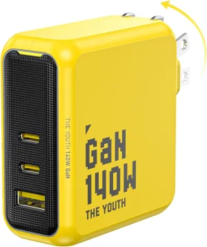 AOHI Youth 140W GaN  USB C Charger 100W Laptop Fast Charger PD3.1 PPS 3-Port USB C Wall Charger Power Adapter for MacBook Pro 16'', Dell XPS, iPhone 16/15 Pro Max, iPad Pro, Tablet, Chromebook, Yellow