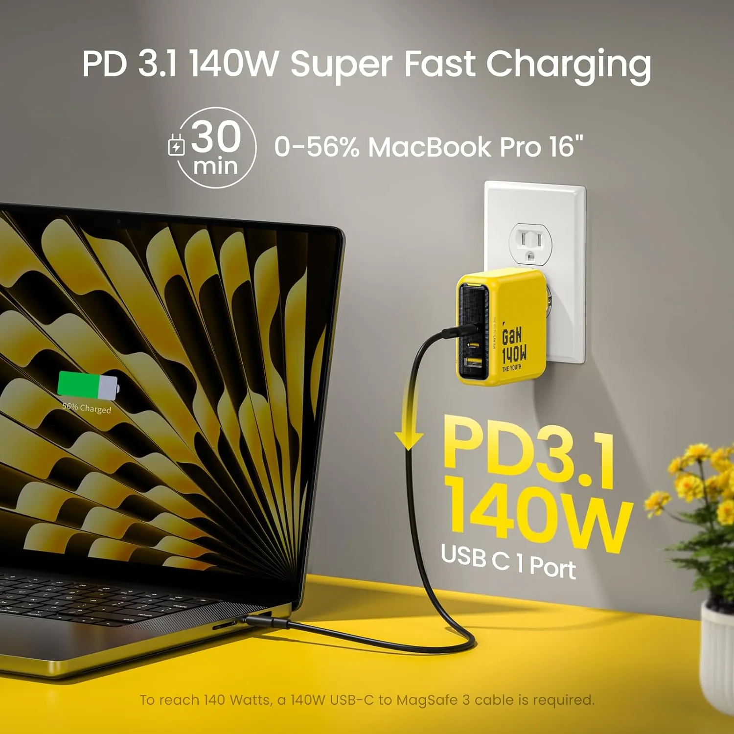 AOHI Youth 140W GaN  USB C Charger 100W Laptop Fast Charger PD3.1 PPS 3-Port USB C Wall Charger Power Adapter for MacBook Pro 16'', Dell XPS, iPhone 16/15 Pro Max, iPad Pro, Tablet, Chromebook, Yellow