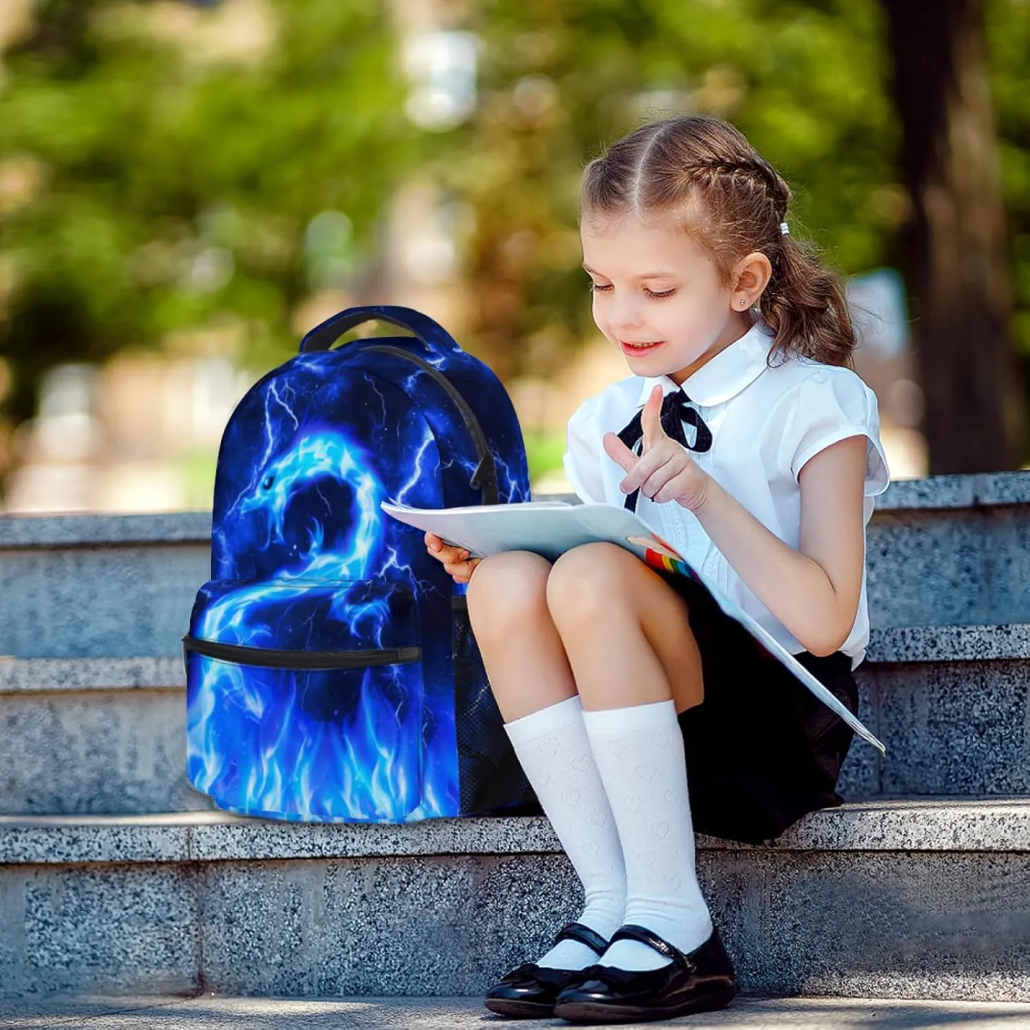 aportt Blue Dragon Backpack for Boys Girls Fire Dragon Print Animal Durable Casual Basic Kids Bookbag Cool Lighting Lightweight School Bag for Teens Students Travel Daypack