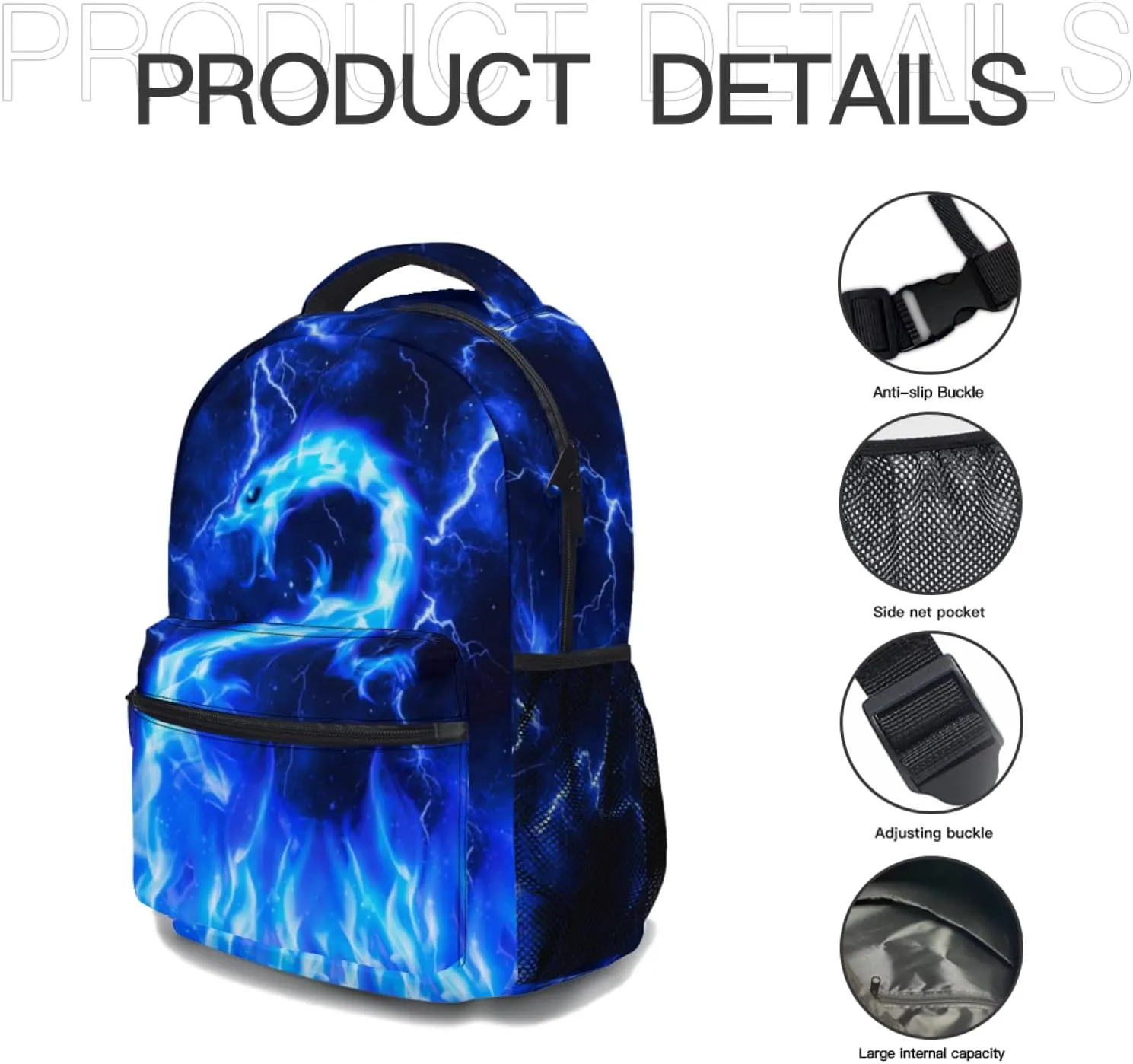 aportt Blue Dragon Backpack for Boys Girls Fire Dragon Print Animal Durable Casual Basic Kids Bookbag Cool Lighting Lightweight School Bag for Teens Students Travel Daypack