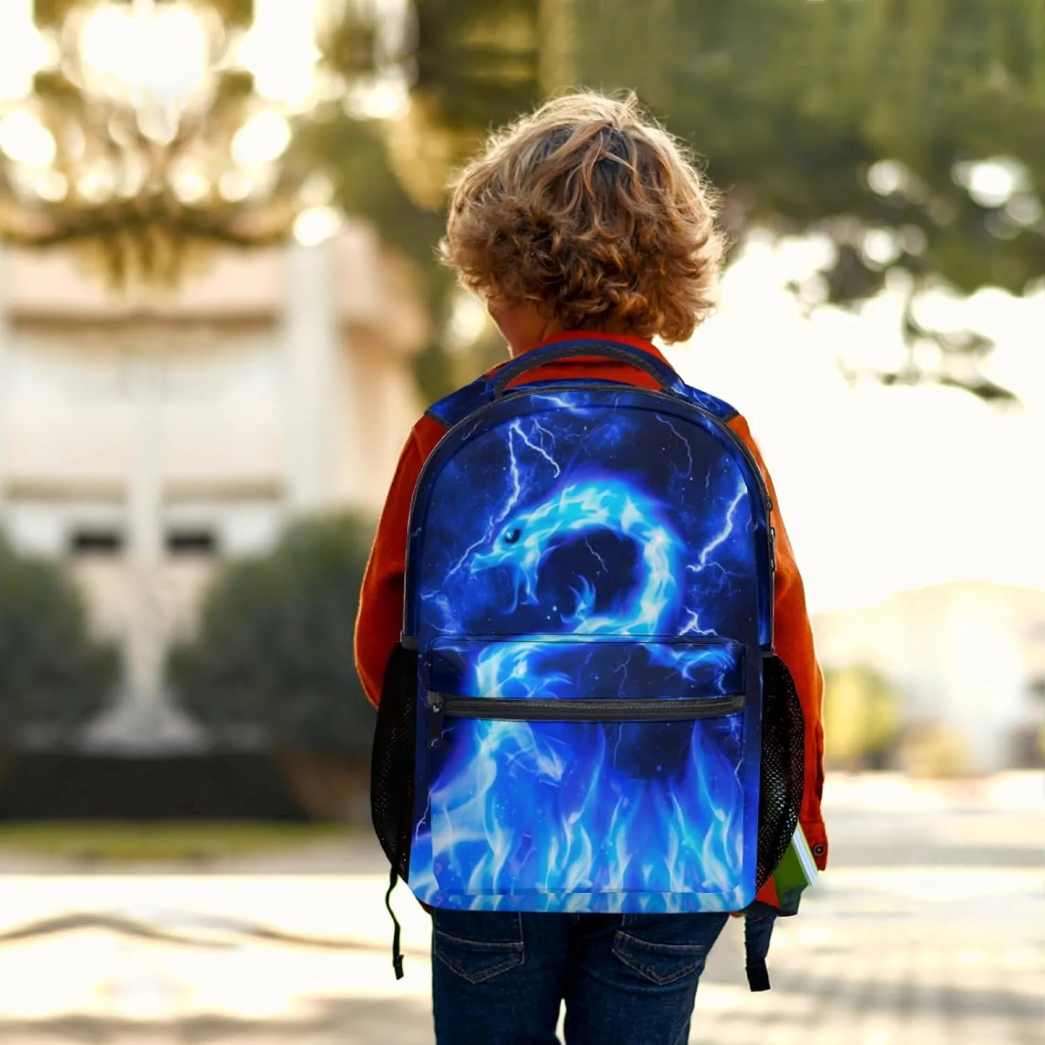 aportt Blue Dragon Backpack for Boys Girls Fire Dragon Print Animal Durable Casual Basic Kids Bookbag Cool Lighting Lightweight School Bag for Teens Students Travel Daypack