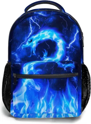 aportt Blue Dragon Backpack for Boys Girls Fire Dragon Print Animal Durable Casual Basic Kids Bookbag Cool Lighting Lightweight School Bag for Teens Students Travel Daypack