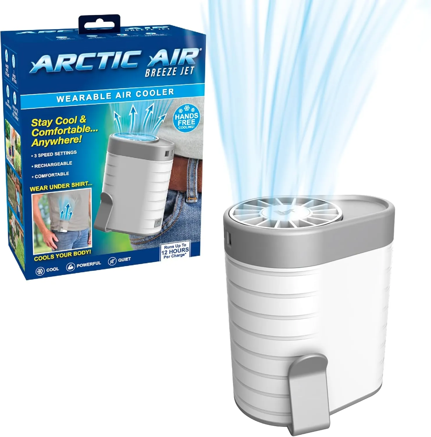 Arctic Air Breeze Jet Wearable Air Cooler, 3-Speed Portable Rechargeable Fan, Long-lasting, Lightweight Clip-On Neck & Waist Fan for Travel, Outdoors, Camping, or Indoor Use