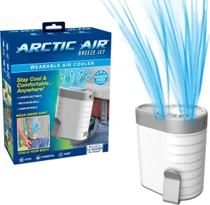 Arctic Air Breeze Jet Wearable Air Cooler, 3-Speed Portable Rechargeable Fan, Long-lasting, Lightweight Clip-On Neck & Waist Fan for Travel, Outdoors, Camping, or Indoor Use