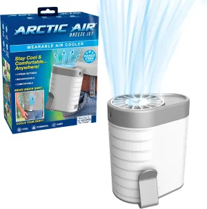 Arctic Air Breeze Jet Wearable Air Cooler, 3-Speed Portable Rechargeable Fan, Long-lasting, Lightweight Clip-On Neck & Waist Fan for Travel, Outdoors, Camping, or Indoor Use