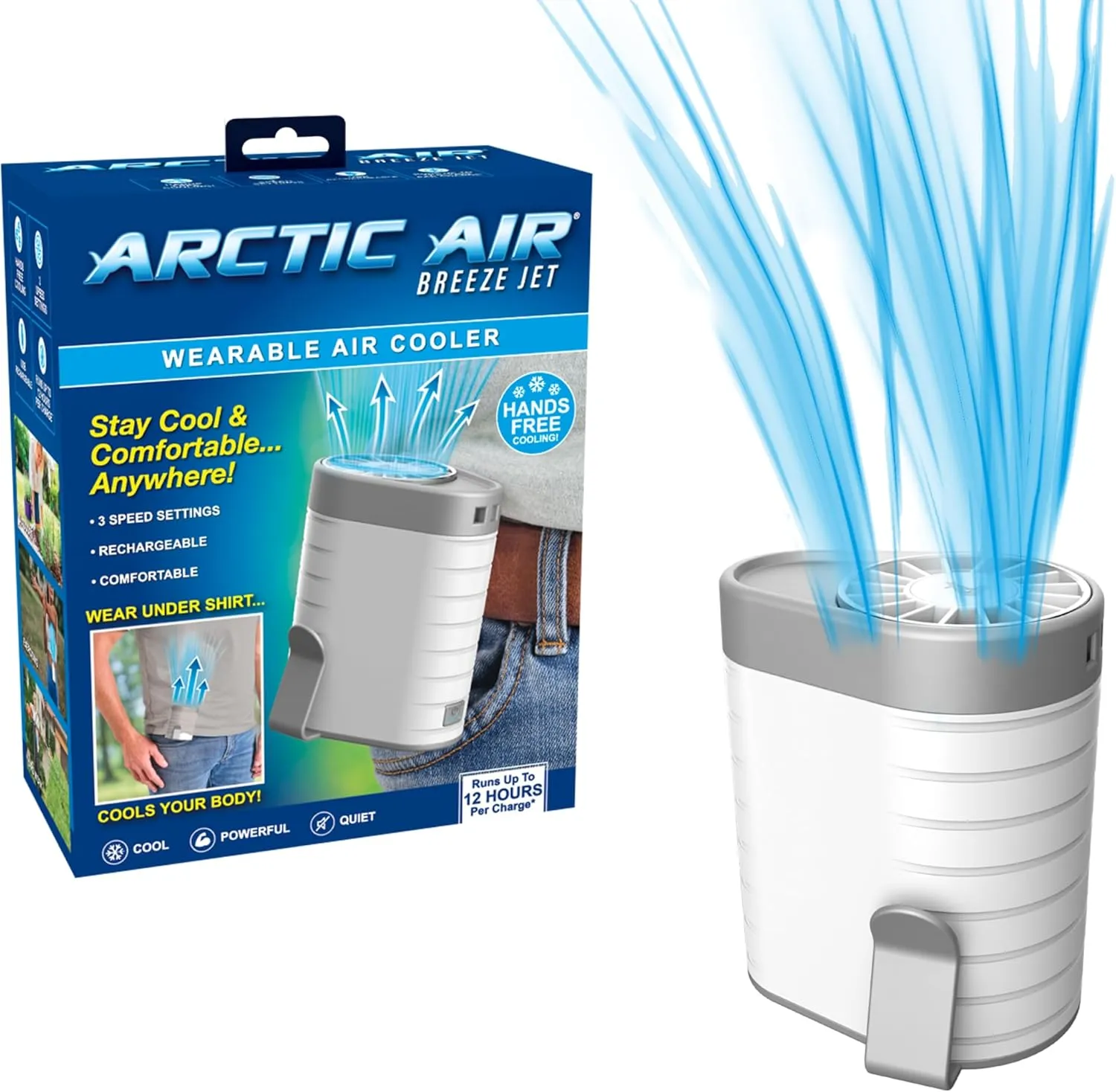 Arctic Air Breeze Jet Wearable Air Cooler, 3-Speed Portable Rechargeable Fan, Long-lasting, Lightweight Clip-On Neck & Waist Fan for Travel, Outdoors, Camping, or Indoor Use
