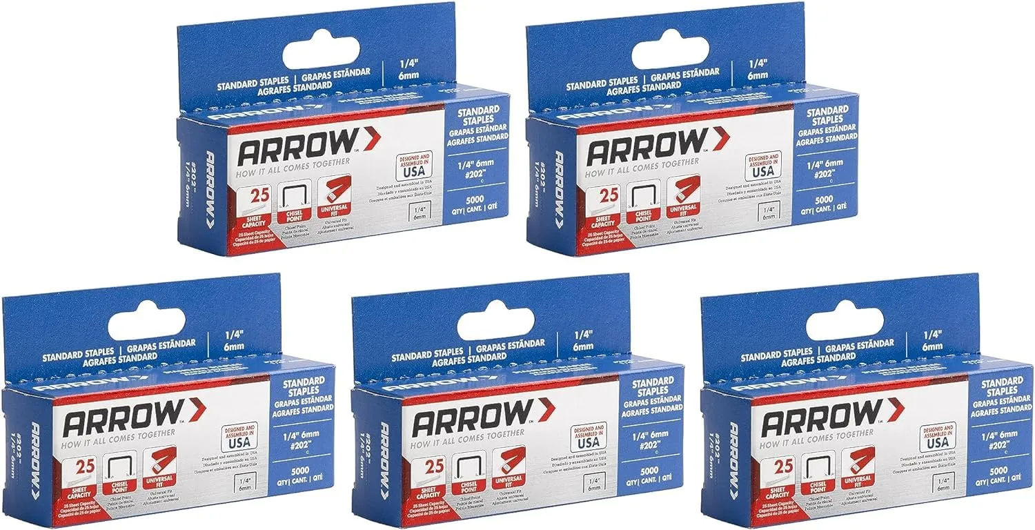 Arrow 202-EK 1/4-Inch Length Galvanized Steel Staples for Desktop Staplers only, Office Supplies for Desk Staplers for Business, Classroom Supplies, Home Office, and Craft Use, 5-Pack, 5000 Per Pack
