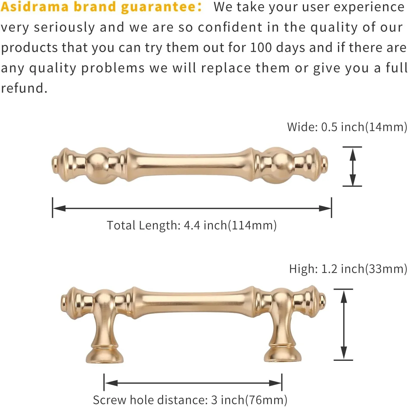 Asidrama 6 Pack 3 Inch(76mm) Brushed Brass Kitchen Cabinet Handles, Gold Cabinet Pulls Kitchen Cabinet Hardware for Cupboard Drawer Pulls
