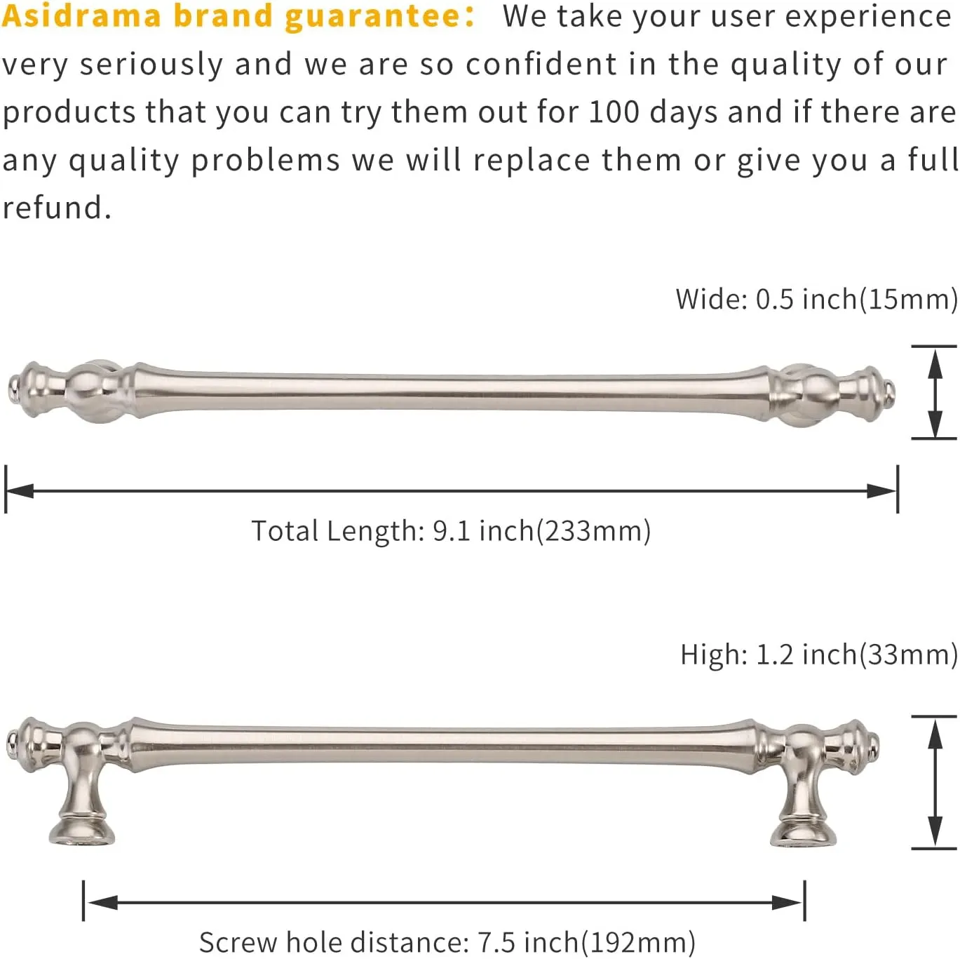 Asidrama 6 Pack 7.5 Inch(192mm) Brushed Satin Nickel Kitchen Cabinet Handles, Cabinet Pulls Kitchen Cabinet Hardware for Cupboard Drawer Pulls