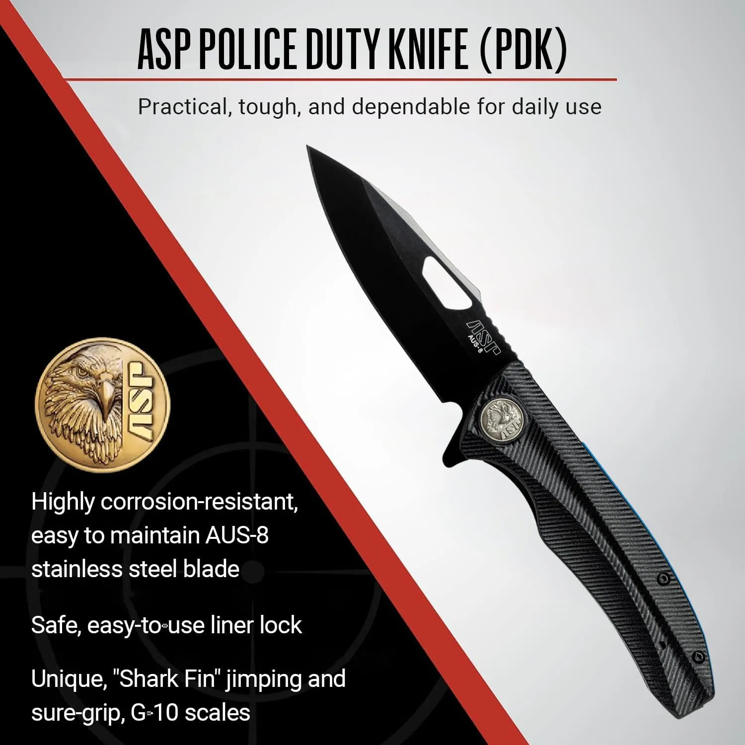 ASP Police Duty Knife (PDK) for Everyday Use, AUS-8 Blade, User-Friendly Design, Reversible Pocket Clip, Ideal for Law Enforcement and Security Professionals, Grooved Grip, Black Blade