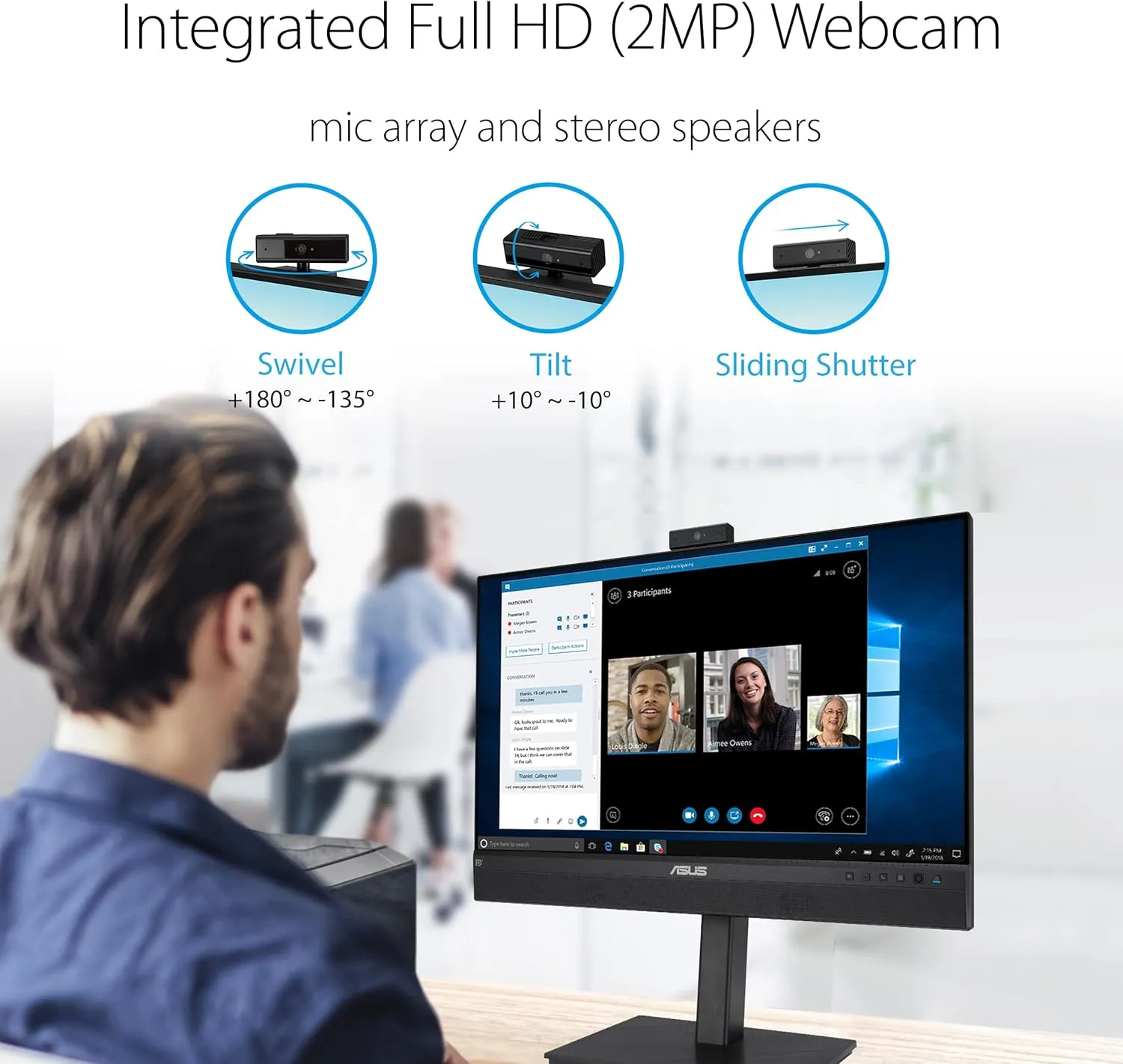 ASUS 23.8” 1080P Video Conferencing Monitor (BE24ECSNK) - Full HD, IPS, Built-in Adjustable 2MP Webcam, AI Noise-canceling Mic, Eye Care, USB-C Docking, RJ45, Height Adjustable, HDMI, Zoom Certified